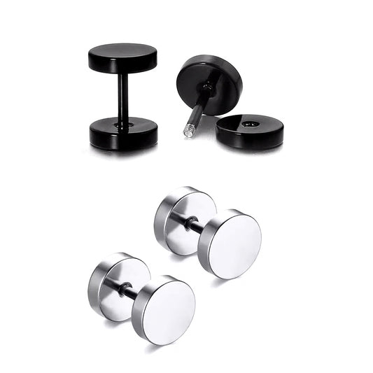 2 Pairs Men Women Stainless Steel Round Tunnel Plug Stud Earrings, Silver Black, 3-14mm