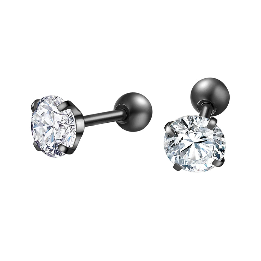 Men Women Stainless Steel Cubic Zirconia Stud Earrings, 8mm, Black