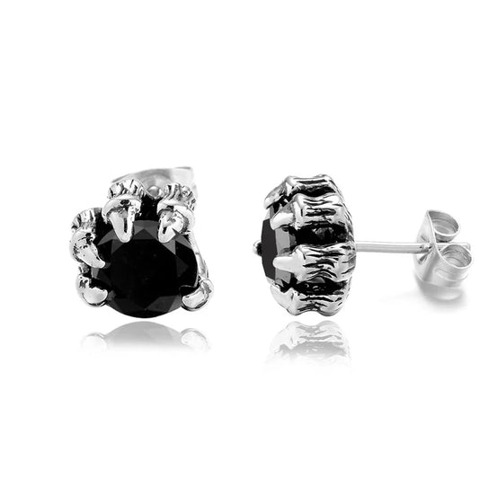Men Cubic Zirconia Stainless Steel Gothic Dragon Claw Stud Earrings, Black Silver