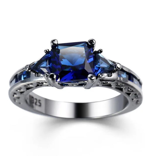 Jewelry Blue Sapphire White Diamond Black Gold Engagement Wedding Women's Ring-Rings-Innovato Design-6-Innovato Design
