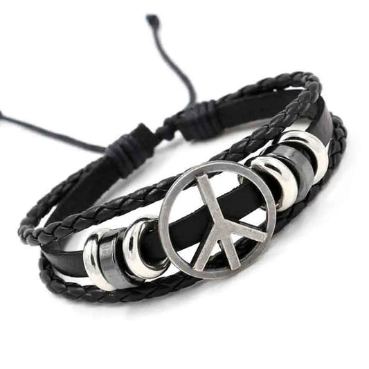 Men Women Genuine Leather Bracelet Peace Symbol Braided Cuff Bangle-Bracelets-Innovato Design-Innovato Design