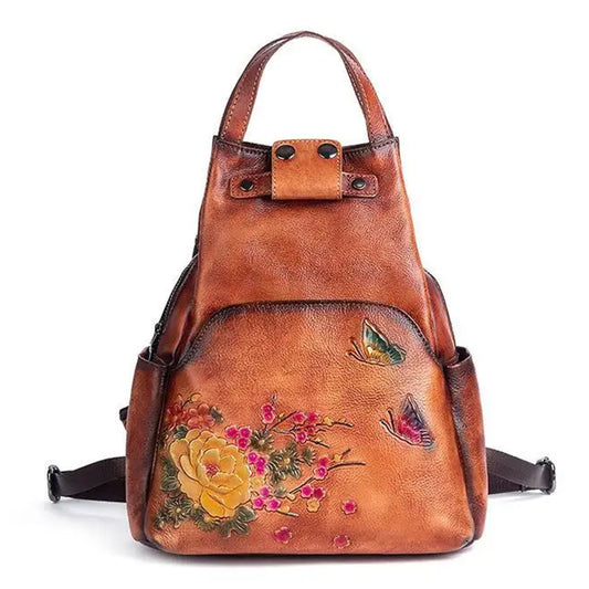 Luxury Floral Genuine Leather Backpack with Large Capacity-Canvas and Leather Backpack-Innovato Design-Brown-Innovato Design