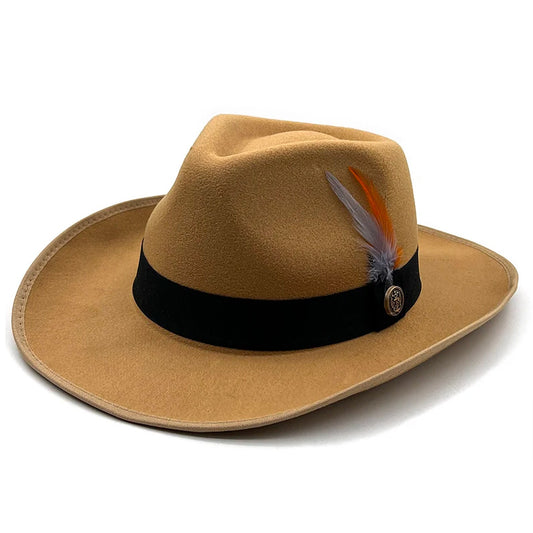 Wide Brim Wool Felt Fedora Hat with Colorful Feathers and Black Hatband-Hats-Innovato Design-Camel-Innovato Design