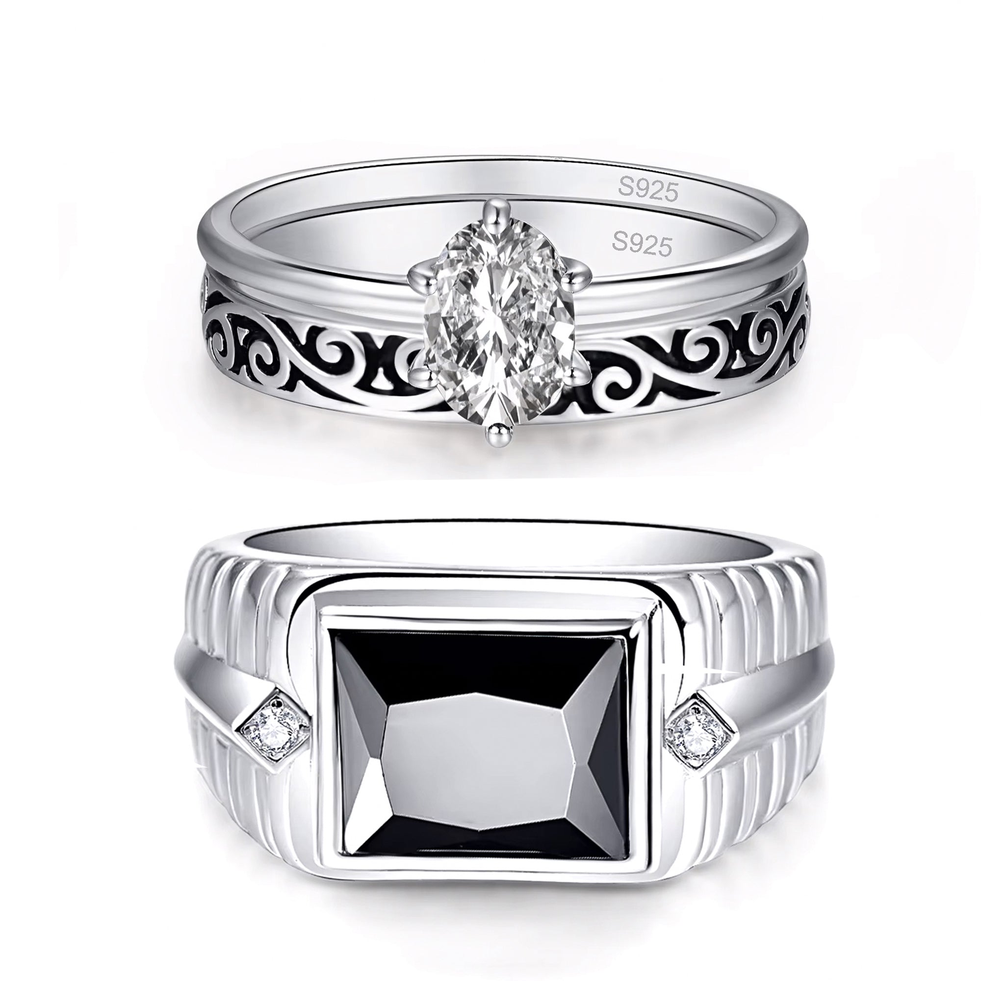 925 Sterling Silver Ring Onyx Men Flower Engrave Women Wedding