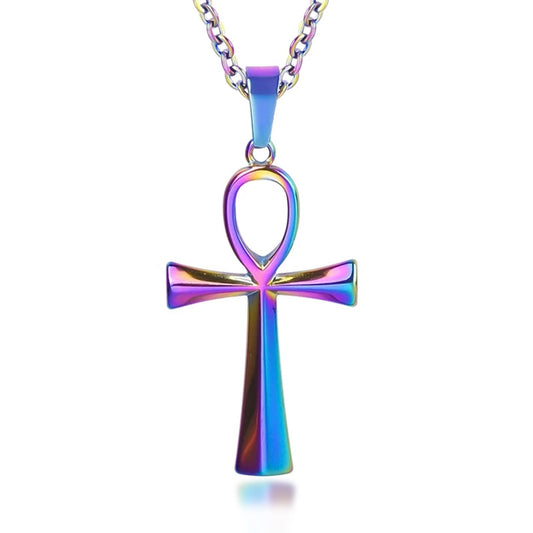 Stainless Steel Pendant Necklace Purple Silver Egyptian Ankh Cross-Necklaces-Innovato Design-Purple-Innovato Design