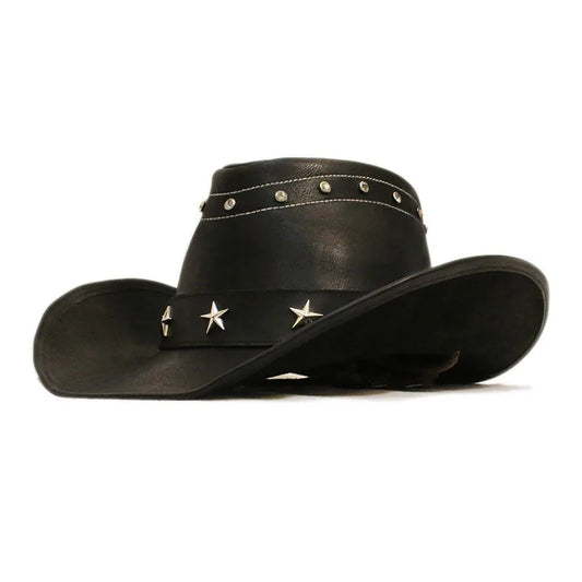 Wide Brim Retro Black Leather Fedora Hat with Stars Leather Belt Hatband-Hats-Innovato Design-Innovato Design