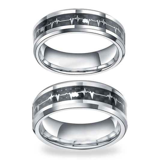 6mm/8mm Tungsten Rings Heartbeat Cardiogram Black Carbon Fiber Engagement Wedding Band-Rings-Innovato Design-6mm-5-Innovato Design