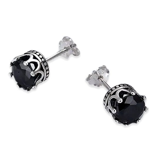 Men's 2 PCS Sterling Silver Stud Earrings CZ Silver Tone Black Royal King Crown Set