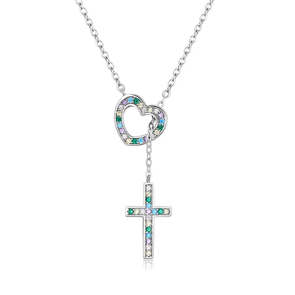 925 Sterling Silver Colorful Crystal Cross Pendant with Heart Charm Necklace-Necklaces-Innovato Design-Innovato Design