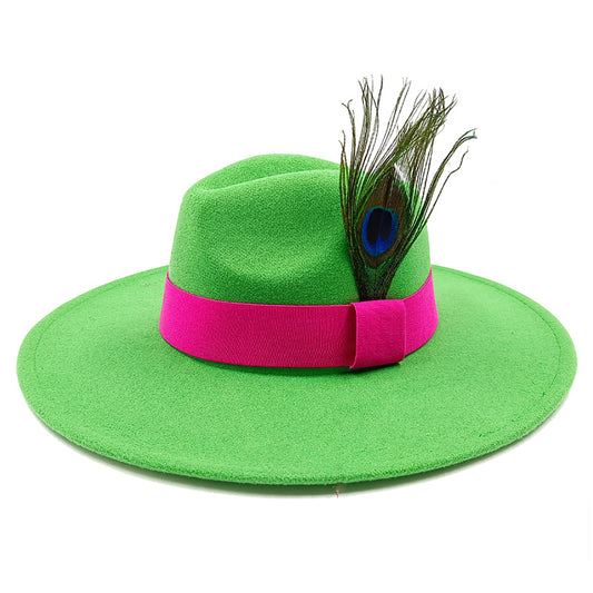Wide Brim Wool Felt Fedora Hat with Peacock Feather-Hats-Innovato Design-Green-Innovato Design