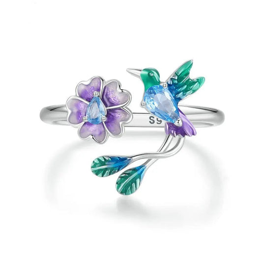 Romantic Colorful Cubic Zirconia Flower with Bird Sterling Silver Wedding Ring-Rings-Innovato Design-Adjustable-Innovato Design