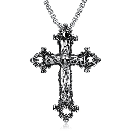 Vintage Stainless Steel Cross Pendant Skull Gothic Necklace-Necklaces-Innovato Design-Innovato Design