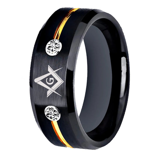 Men's Masonic Tungsten Carbide Ring Gold Line With Stones-Rings-Innovato Design-7-Innovato Design
