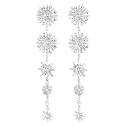 Women's Cubic Zirconia Gorgeous Snowflake Chandelier Long Dangle Earrings Clear Silver-Tone-Earrings-Innovato Design-Innovato Design