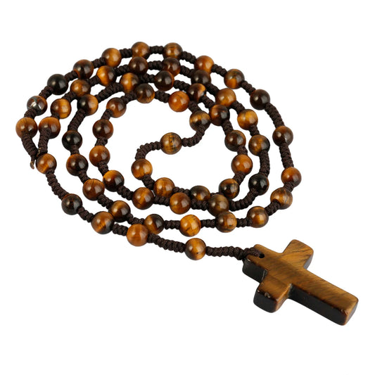 Natural Stone Pendant Cross Bead Rosary Chain Necklace-Necklaces-Innovato Design-Brown-Innovato Design