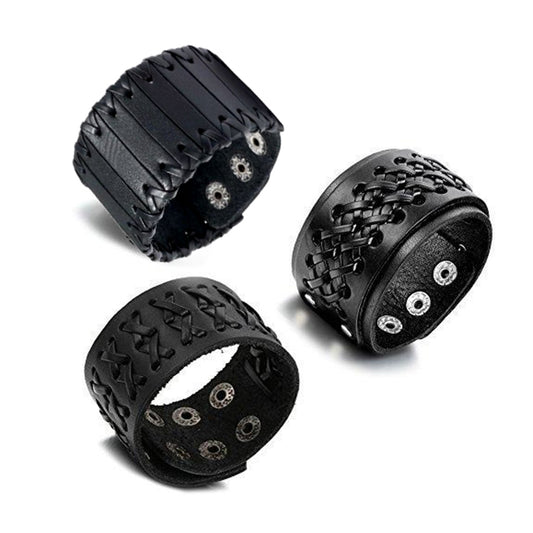 Biker Punk Rock Leather Bracelets Wide Braided Adjustable With Snap Button