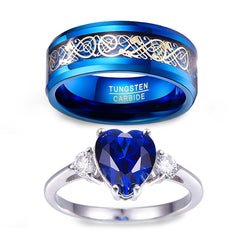 Blue Celtic Tungsten Dragon and Cubic Zirconia Sterling Silver Matching Rings