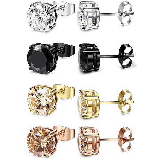 4 Pairs Stainless Steel Round Stud Earrings for Men Women Ear Piercing Earrings Cubic Zirconia Inlaid,3-8mm Available-Earrings-Innovato Design-3MM-Innovato Design