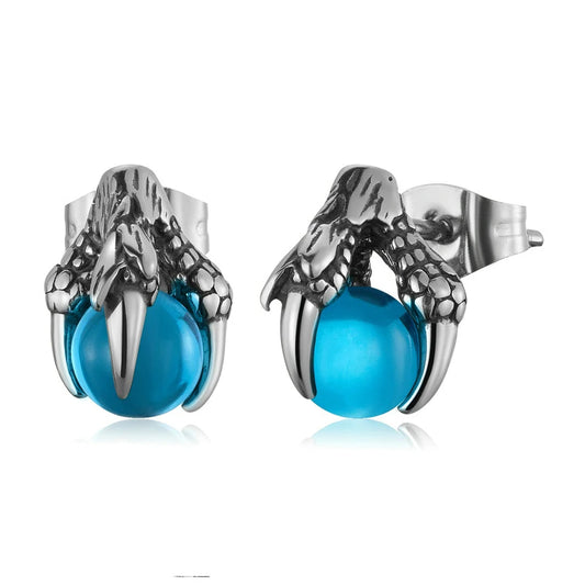 Stainless Steel Stud Earrings CZ Silver Tone Black Red Blue Dragon Claw-Earrings-Innovato Design-Blue-Innovato Design