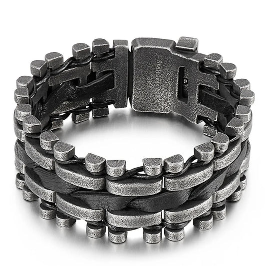 Punk Rock Biker Men's Alloy Black Tone Leather Bracelet Cuff Wristband Link Chain-Bracelets-Innovato Design-Innovato Design