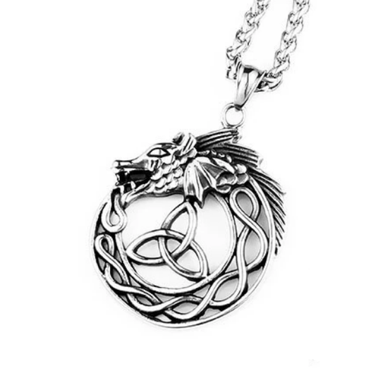 Silver Dragon Head Pendant Around Triquetra Symbol-Necklaces-Innovato Design-Innovato Design