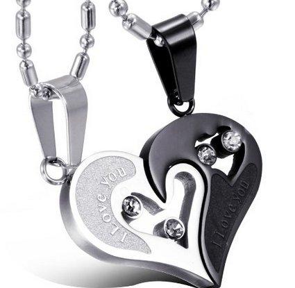 Stainless Steel Men Women Couple Necklace Pendant Love Heart CZ Puzzle Matching, Silver and Black Tone-Necklaces-Innovato Design-Innovato Design