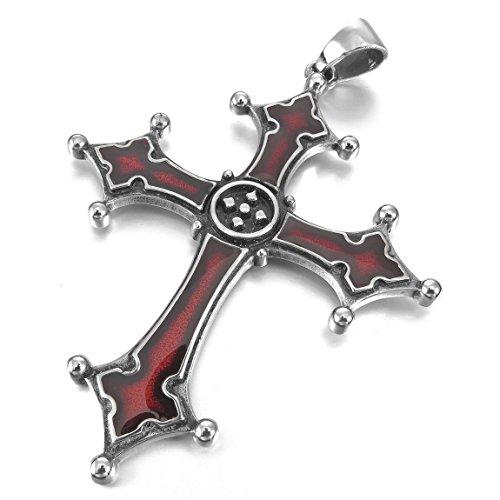 Men's Stainless Steel Enamel Pendant Necklace Silver Tone Red Celtic Medieval Cross -With 22 Inch Chain-Necklaces-INBLUE-Innovato Design