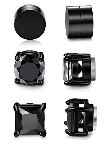 3 Pairs Stainless Steel Magnetic Stud Earrings for Men Women CZ Earrings Non-Piercing,6-8MM-Earrings-Innovato Design-3 Pairs a Black Set 6MM-Innovato Design