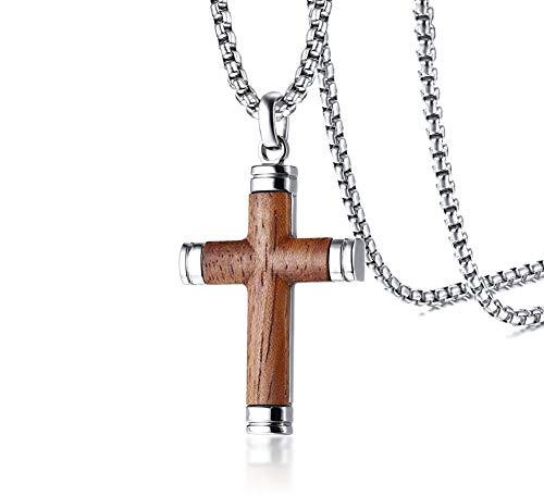 Men's Stainless Steel Wood Pendant Necklace Silver Gold Tone Cross - With 24 Inch Chain-Necklaces-INBLUE-Innovato Design