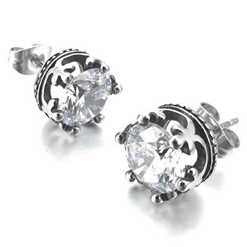 Men's 2 PCS Stainless Steel Stud Earrings CZ Silver Tone Royal King Crown Set-Earrings-INBLUE-Innovato Design