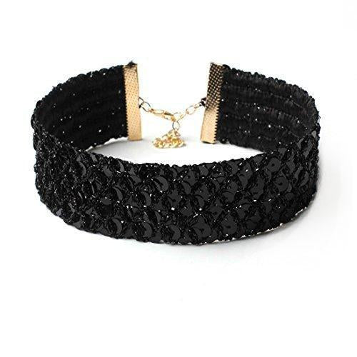 Women's Vintage Gothic Black Sequins Rhinestone Wide Velvet Choker Necklace-Necklaces-Innovato Design-Innovato Design