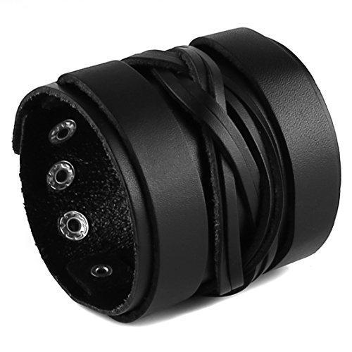Braided Mens Wide Black Leather Bracelet Wristband Bangle with Snap Buttons-Bracelets-Innovato-Innovato Design