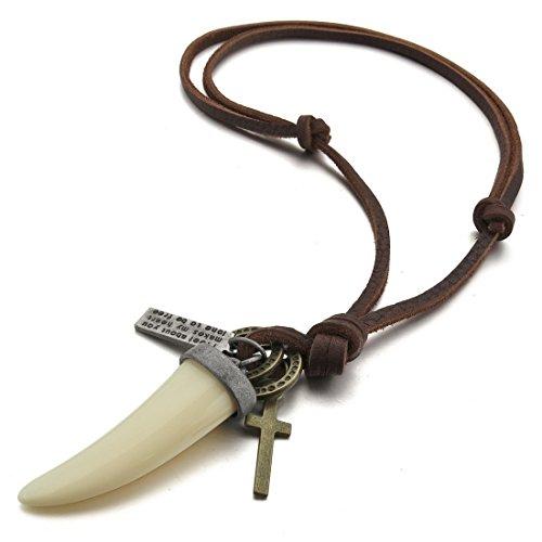Men's Alloy Genuine Leather Pendant Necklace Silver Tone White Wolf Tooth Cross Adjustable 16~26 Inch Chain-Necklaces-INBLUE-Innovato Design
