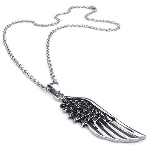 Men Angel Wing Stainless Steel Pendant Necklace, Black Silver, 24 inch Chain-Necklaces-Innovato Design-Innovato Design