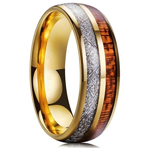 METEOR Men Wedding Band Gold Plated Domed Tungsten Ring 8 mm Imitated Meteorite Koa Wood Inlay Comfort Fit-Rings-Innovato-6-Innovato Design