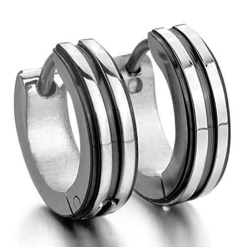 Men's Stainless Steel Stud Hoop huggie Earrings Silver Tone Black Striped-Earrings-Innovato Design-Innovato Design