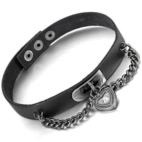 Women,Men's Alloy Genuine Leather Necklace Choker Collar Black Heart Lock Adjustable-Necklaces-Innovato Design-Innovato Design