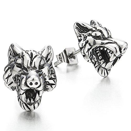 Rock Punk Mens Vintage Wolf Head Stud Earrings in Stainless Steel-Earrings-Innovato Design-Innovato Design