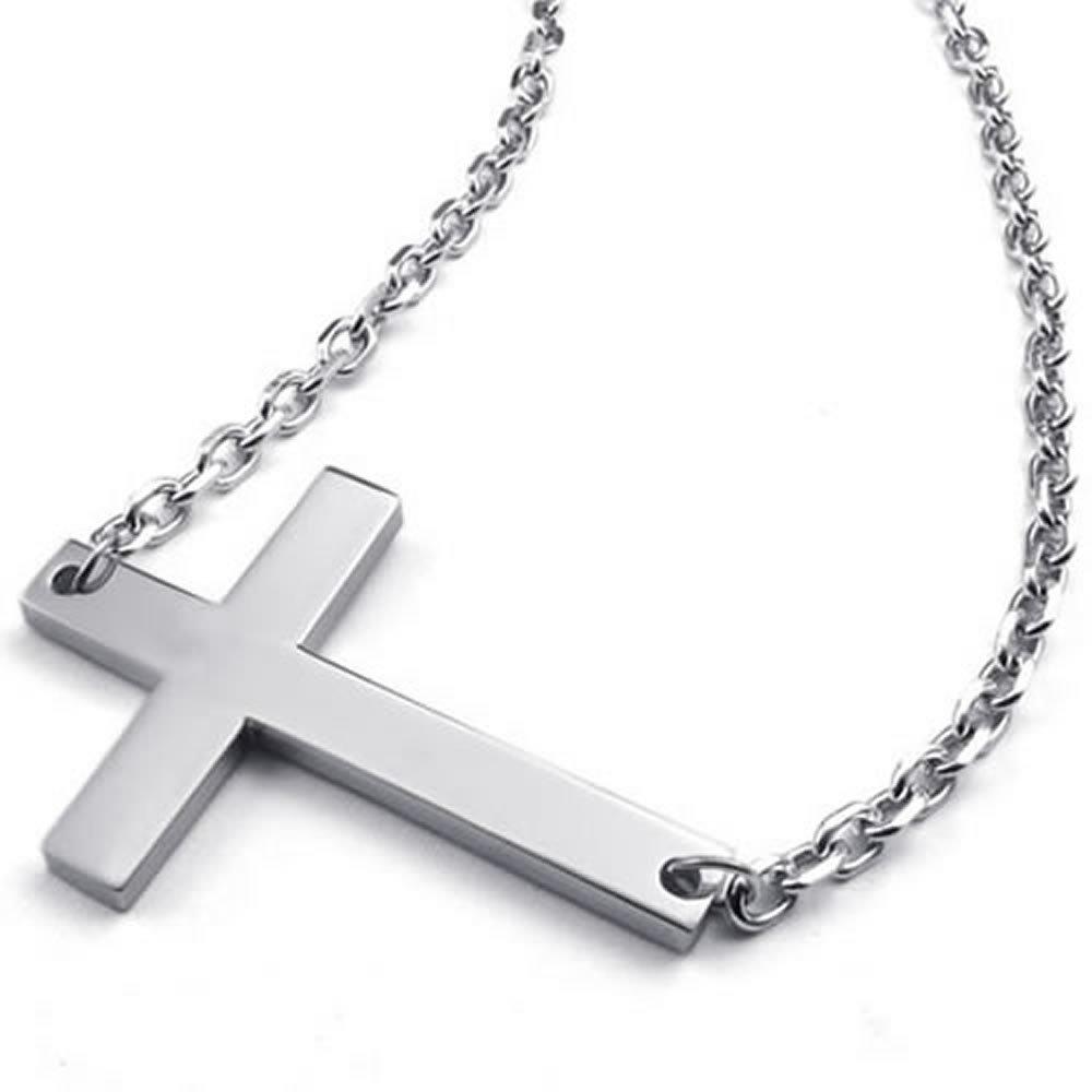 Men Women Stainless Steel Sideways Cross Pendant Necklace Chain