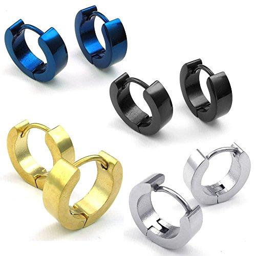 Men Stainless Steel Classic Plain Huggie Hinged Hoop Earrings, 4 Pairs, Black Blue Gold-Earrings-Innovato Design-Innovato Design