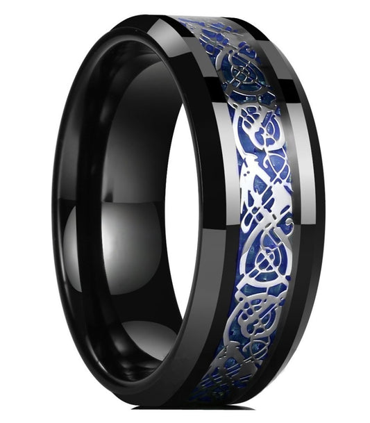 DRAGON Men 8mm Black Tungsten Carbide Ring Blue Carbon Fiber Celtic Dragon Wedding Band-Rings-Innovato Design-6-Innovato Design