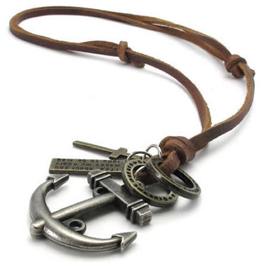 Vintage Style Anchor Cross Pendant Adjustable Brown Leather Cord Men Necklace Chain-Necklaces-KONOV-Innovato Design