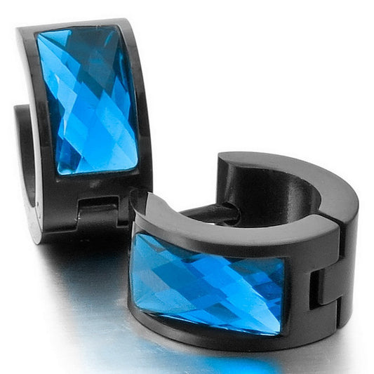 Men's Stainless Steel Stud Hoop Huggie Earrings CZ Black Green-Earrings-INBLUE-Innovato Design