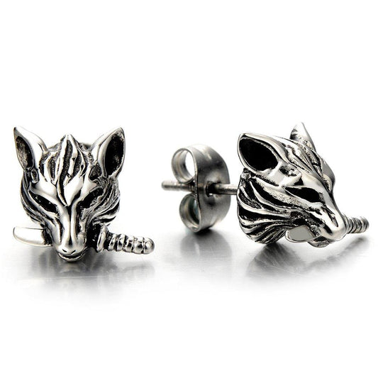 Rock Punk Mens Wolf Head Sword Stud Earrings in Stainless Steel, 2 Pcs-Earrings-Innovato Design-Innovato Design