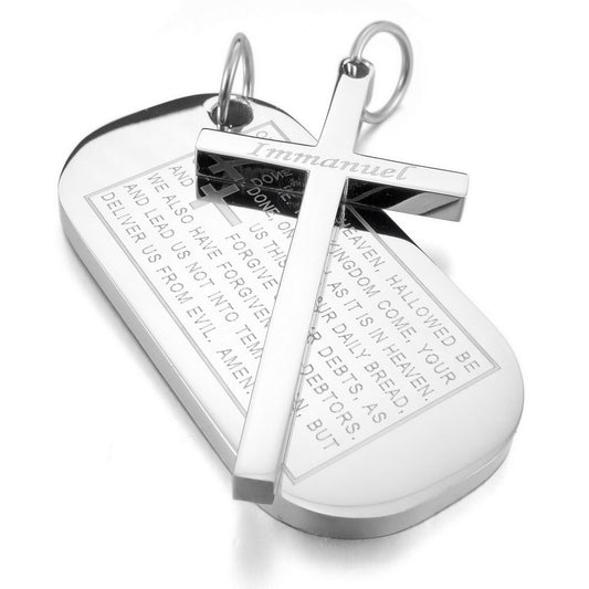 Men's Stainless Steel Pendant Necklace Silver Tone Dog Tag Cross English Bible Lords Prayer -With 23 Inch Chain-Necklaces-INBLUE-Innovato Design