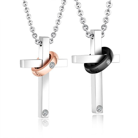 Silver Couple Ring with Zirconia and Cross Pendant Chain Necklace-Necklaces-Innovato Design-Set of 2-Innovato Design