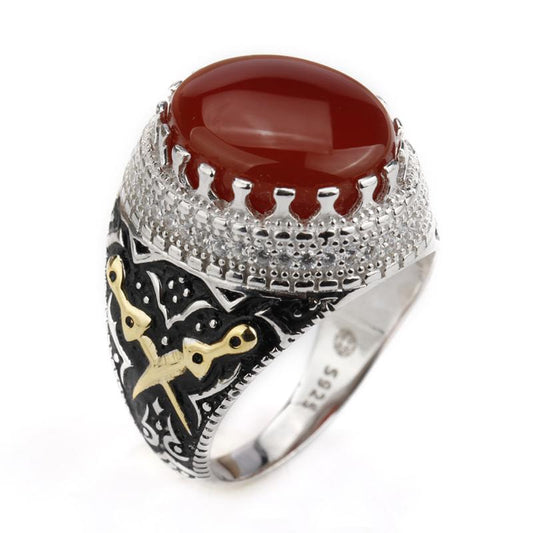 Gold Plated Men Sterling Silver Vintage Nature Agate Double Sword AAA Cubic Zircon Ring-Rings-Innovato Design-8-Innovato Design