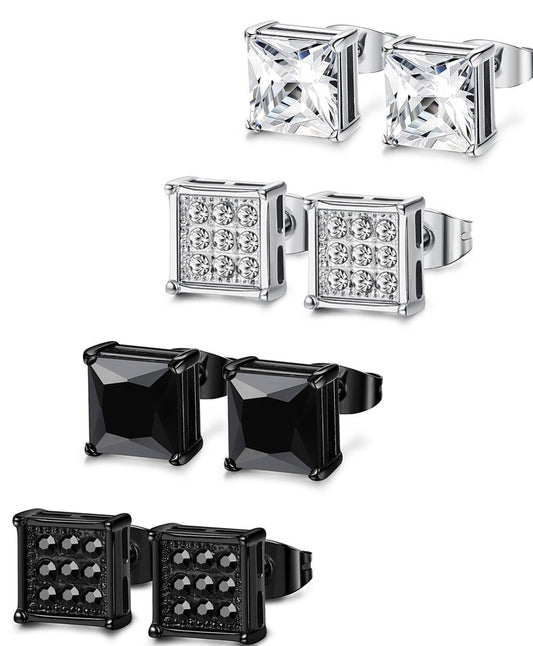 4 Pairs Stainless Steel Stud Earrings for Men Women Square Earrings CZ Inalid,6-8MM-Earrings-Innovato Design-4 Pairs 6mm-Innovato Design