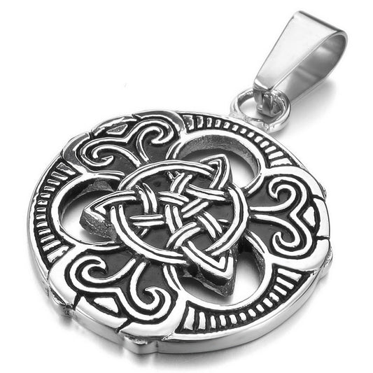 Men's Stainless Steel Pendant Necklace Silver Tone Black Irish Celtic Knot Triquetra -With 23 Inch Chain-Necklaces-INBLUE-Innovato Design