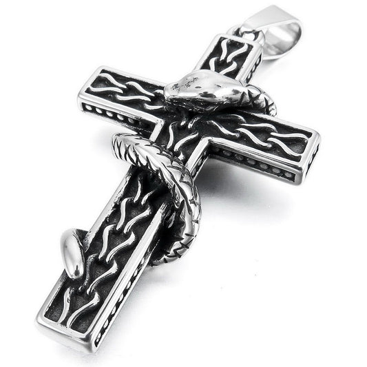 Men's Stainless Steel Pendant Necklace Silver Tone Black Cobra Snake Cross -With 23 Inch Chain-Necklaces-INBLUE-Innovato Design
